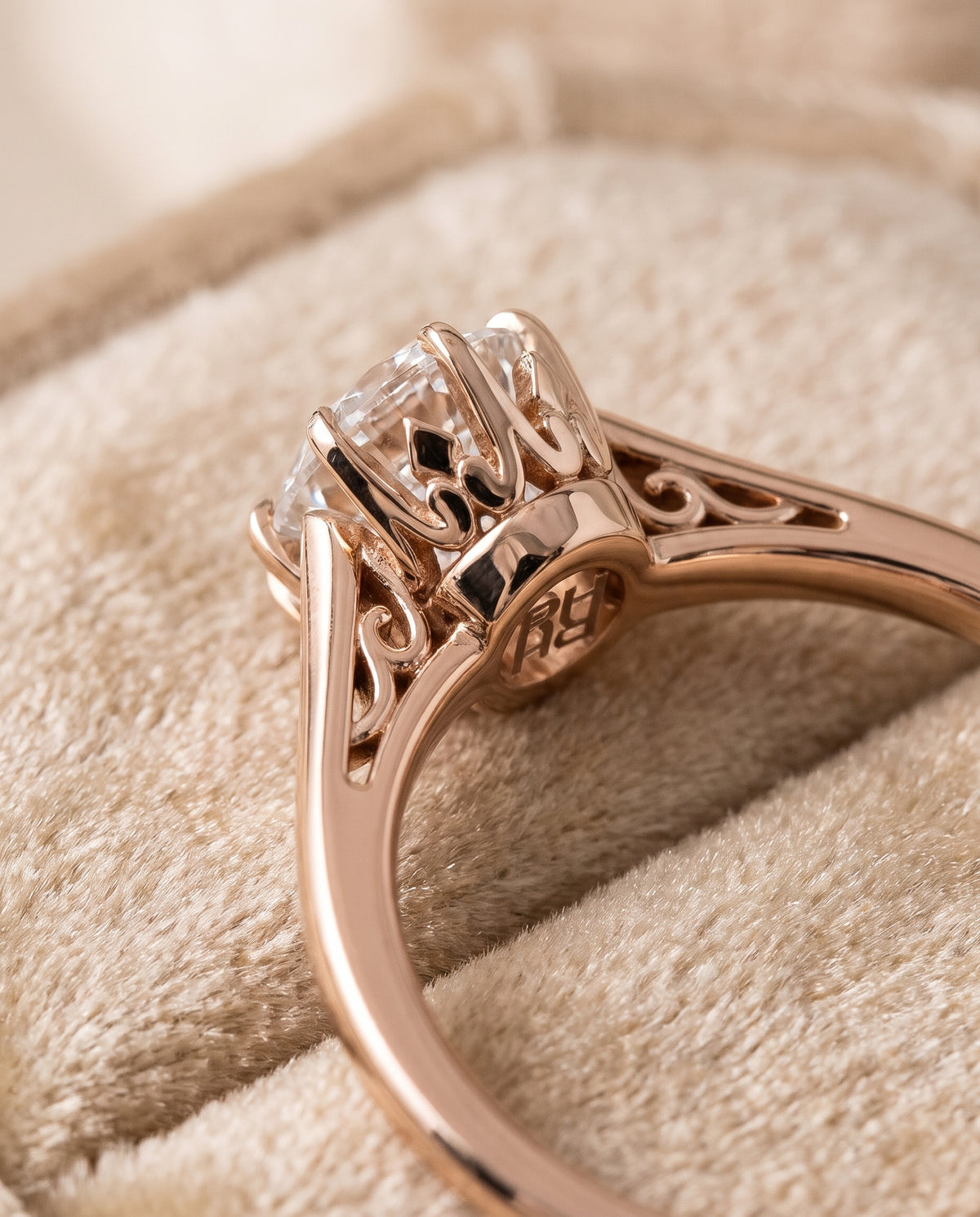The Natalia Antique Scroll Gallery East West Solitaire Oval Engagement Ring Setting in 14K Rose Gold