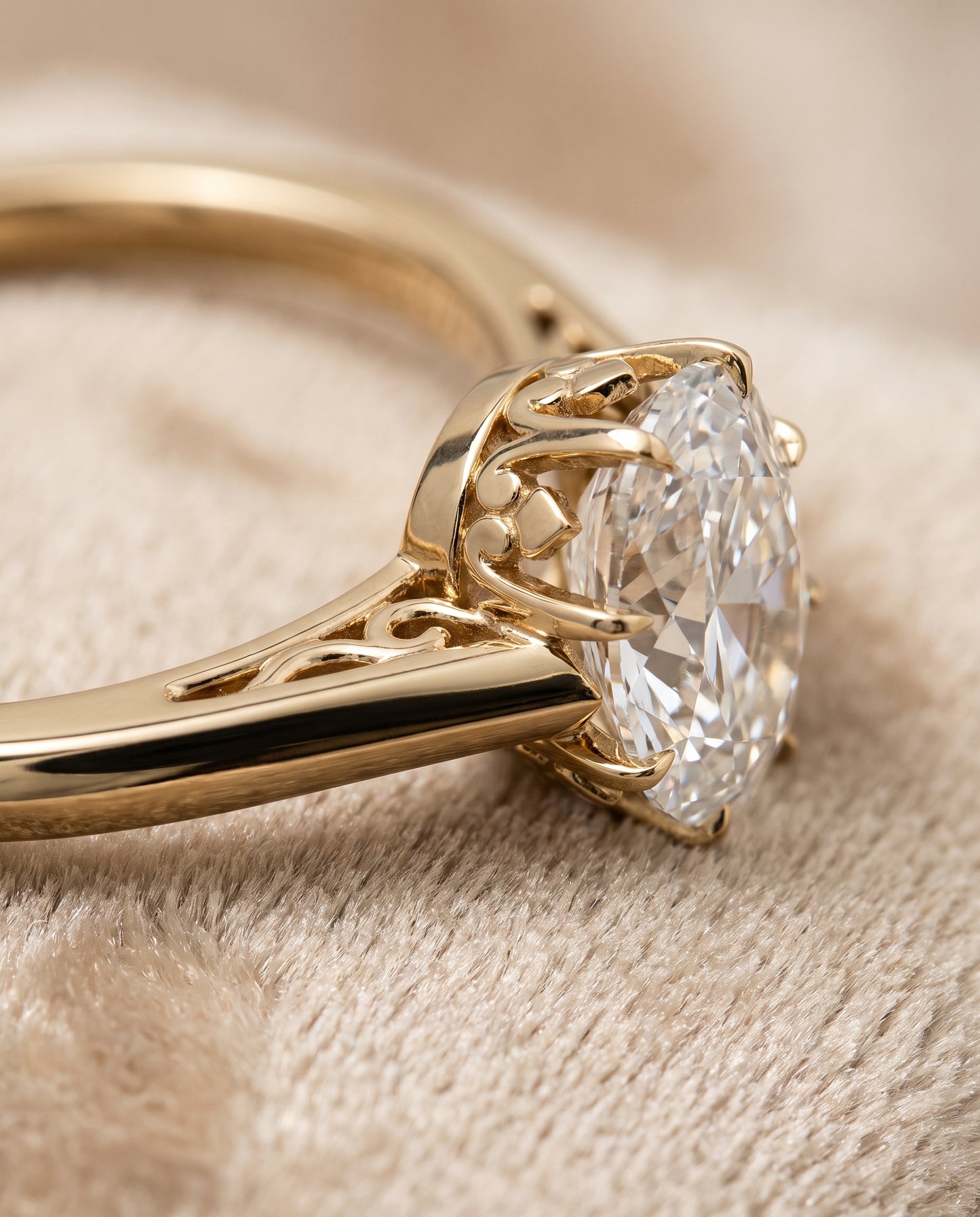 The Natalia Antique Scroll Gallery East West Solitaire Oval Engagement Ring Setting in 18K Yellow Gold
