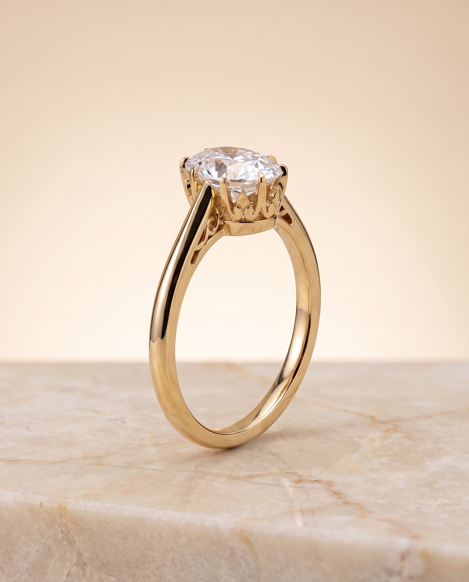 The Natalia Antique Scroll Gallery East West Solitaire Oval Engagement Ring Setting in 18K Yellow Gold