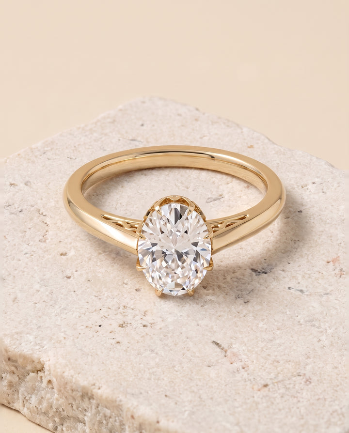 The Natalia Antique Scroll Gallery East West Solitaire Oval Engagement Ring Setting in 18K Yellow Gold