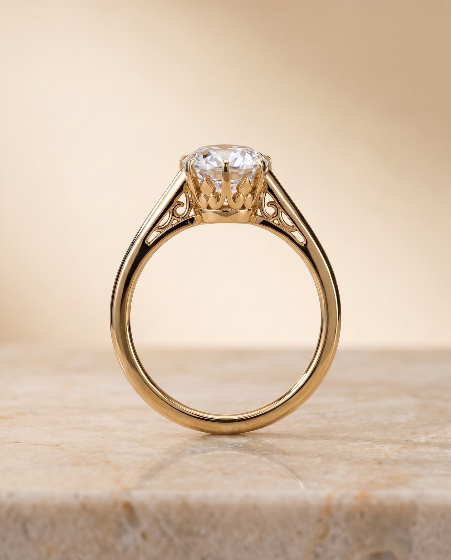The Natalia Antique Scroll Gallery East West Solitaire Oval Engagement Ring Setting in 18K Yellow Gold