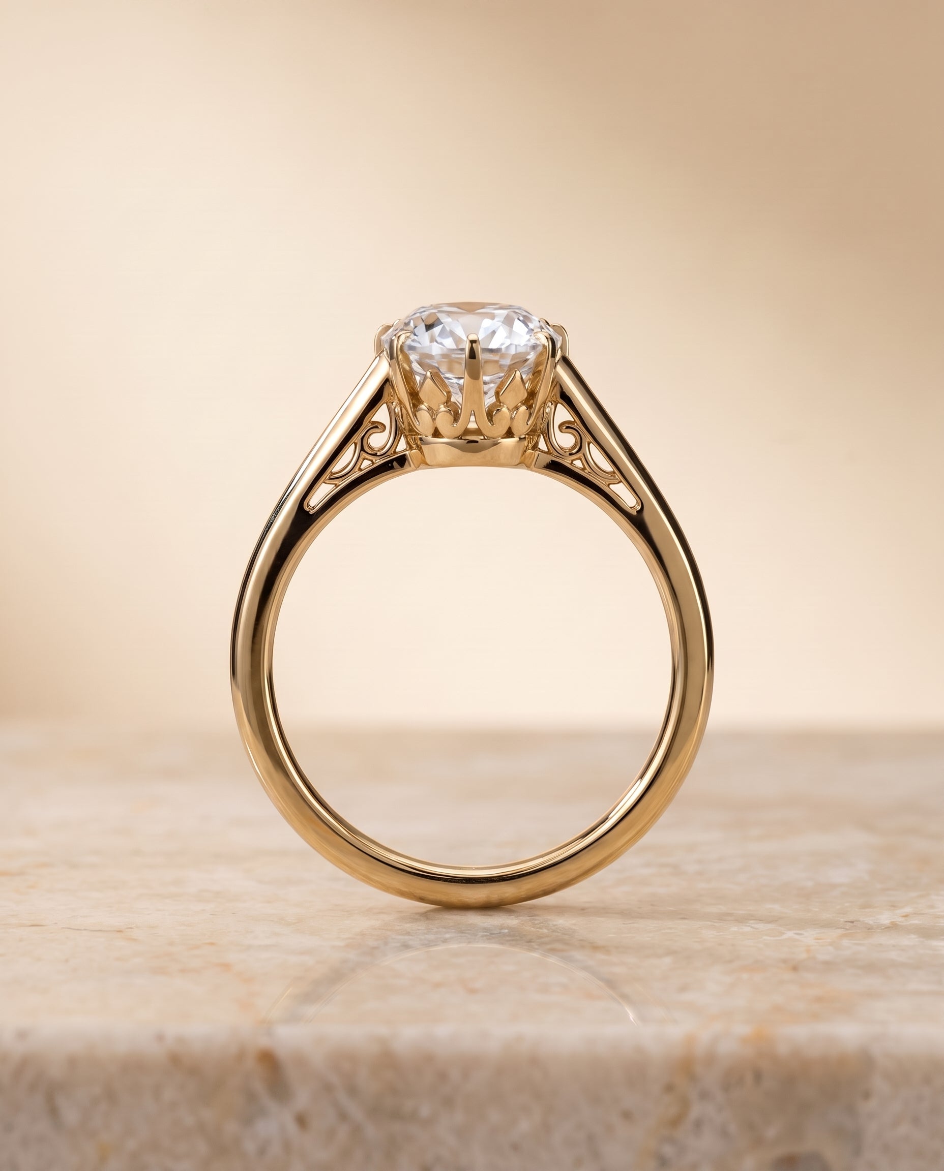 The Natalia Antique Scroll Gallery East West Solitaire Oval Engagement Ring Setting in 18K Yellow Gold