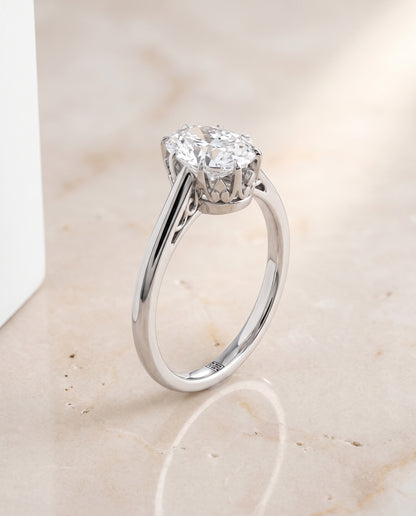 The Natalia Antique Scroll Gallery East West Solitaire Oval Engagement Ring Setting in Platinum