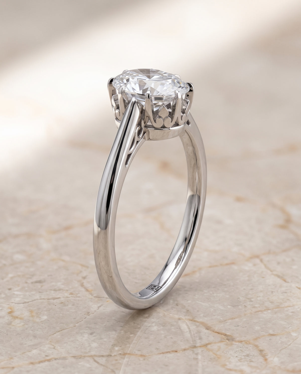 The Natalia Antique Scroll Gallery East West Solitaire Oval Engagement Ring Setting in Platinum