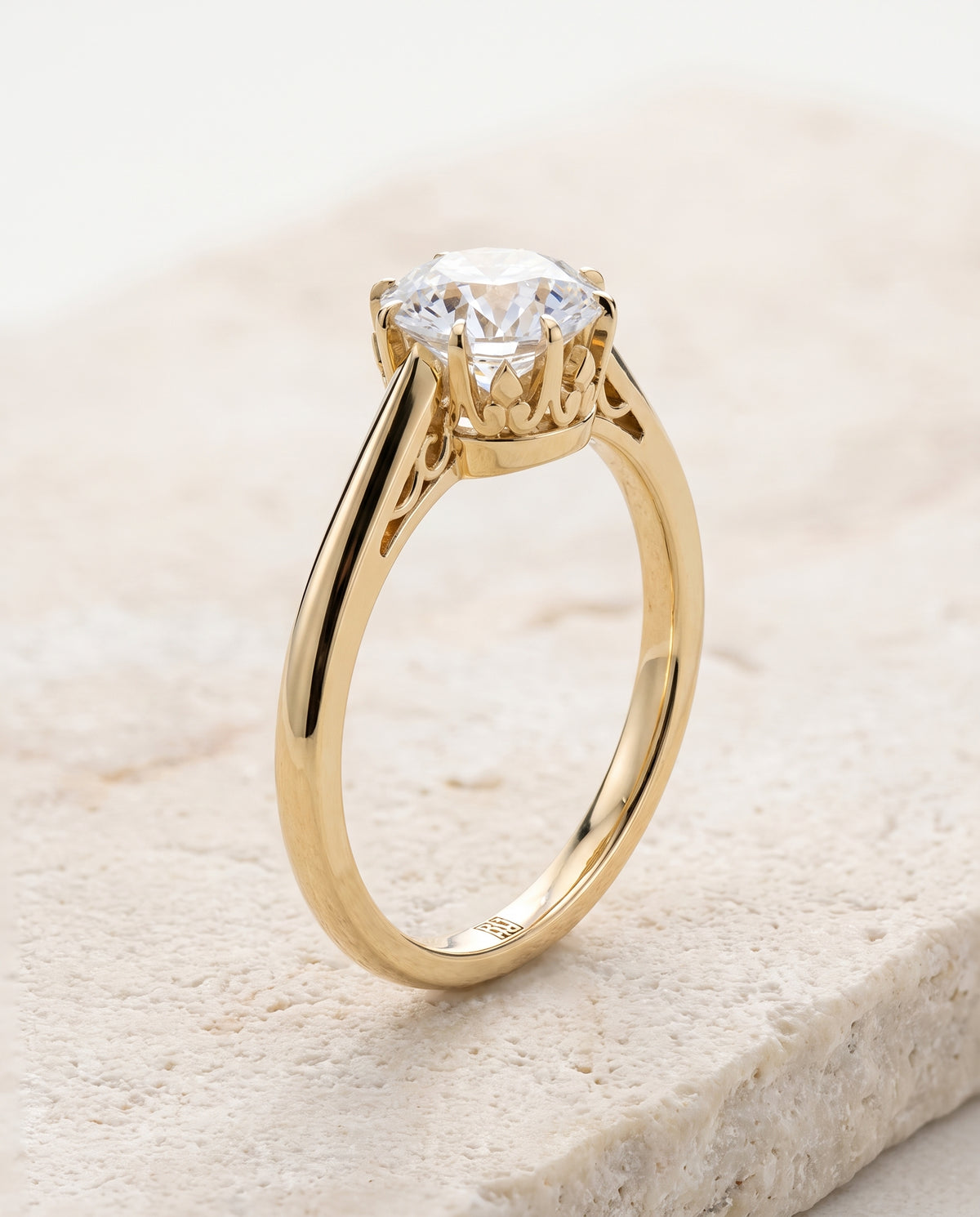 The Natalia Antique Scroll Gallery East West Solitaire Round Engagement Ring Setting in 18K Yellow Gold