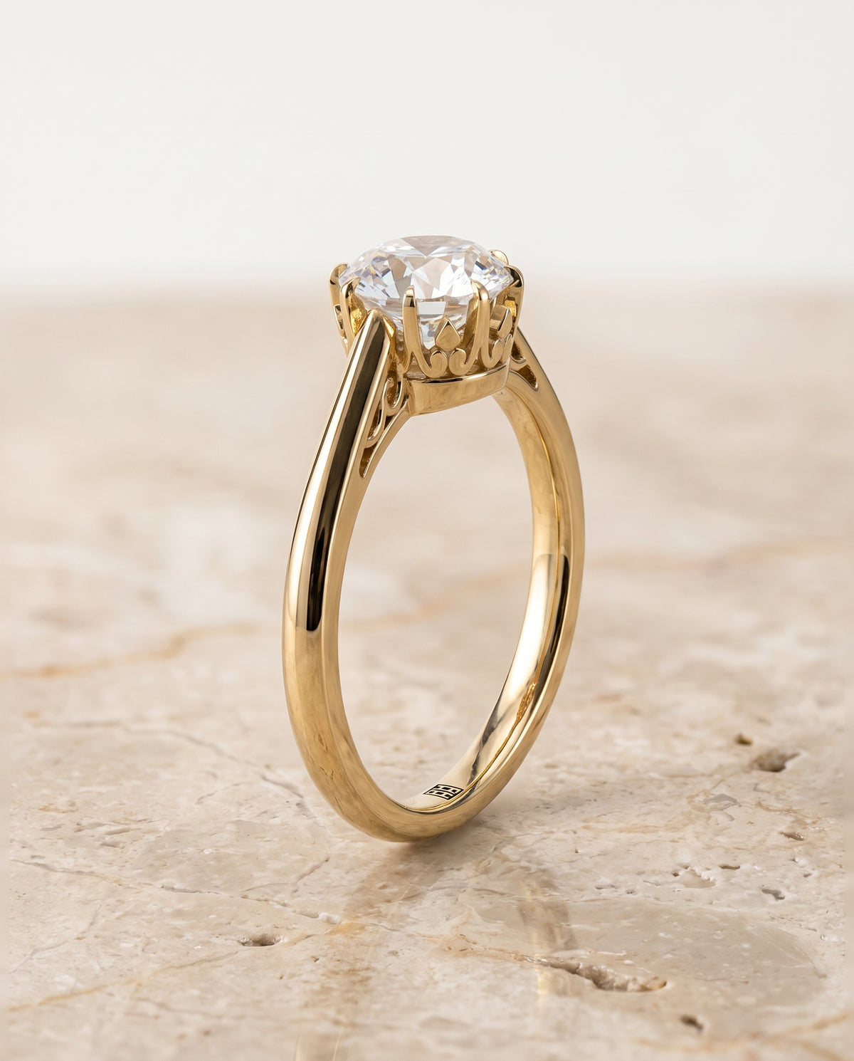 The Natalia Antique Scroll Gallery East West Solitaire Round Engagement Ring Setting in 18K Yellow Gold