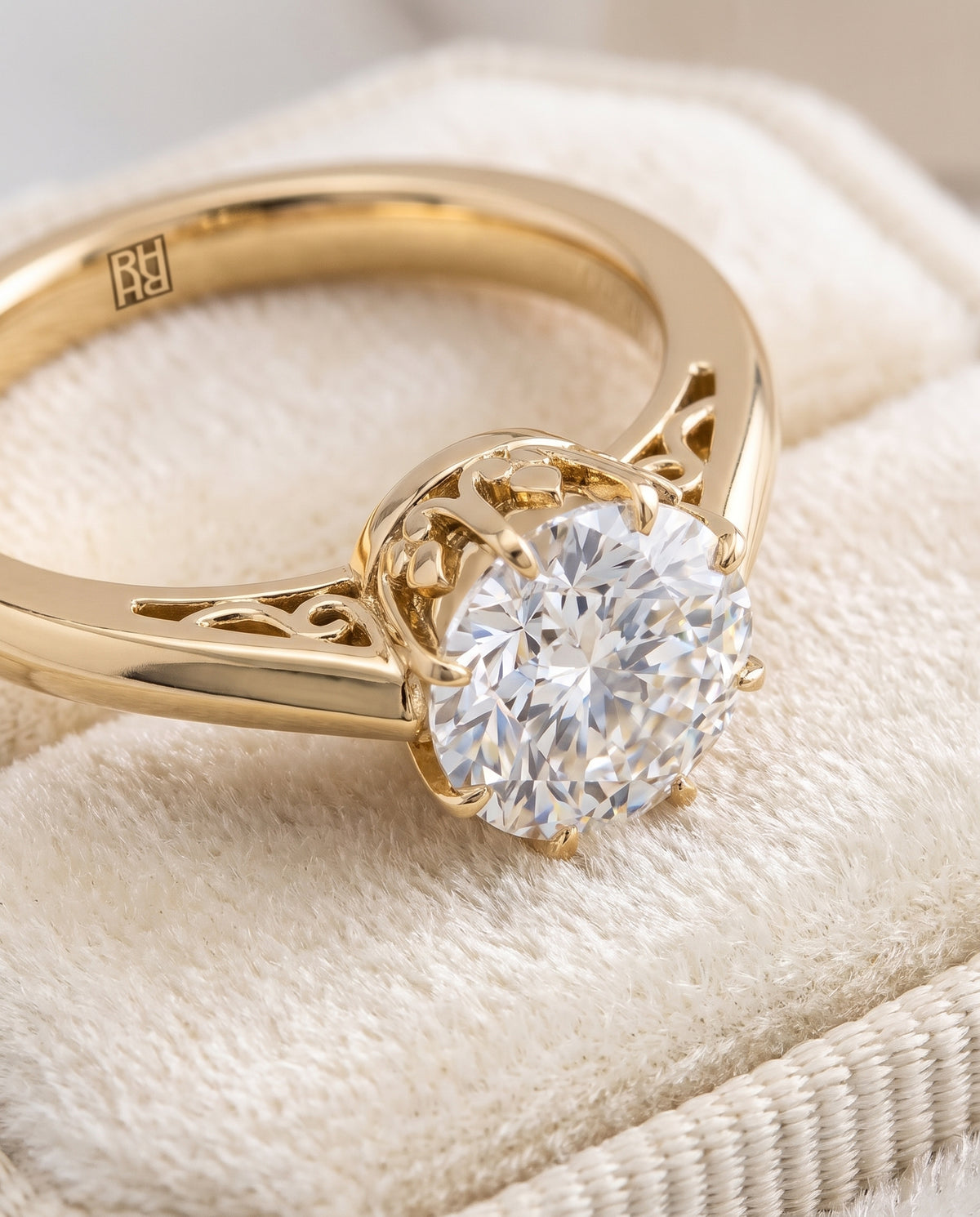 The Natalia Antique Scroll Gallery East West Solitaire Round Engagement Ring Setting in 18K Yellow Gold