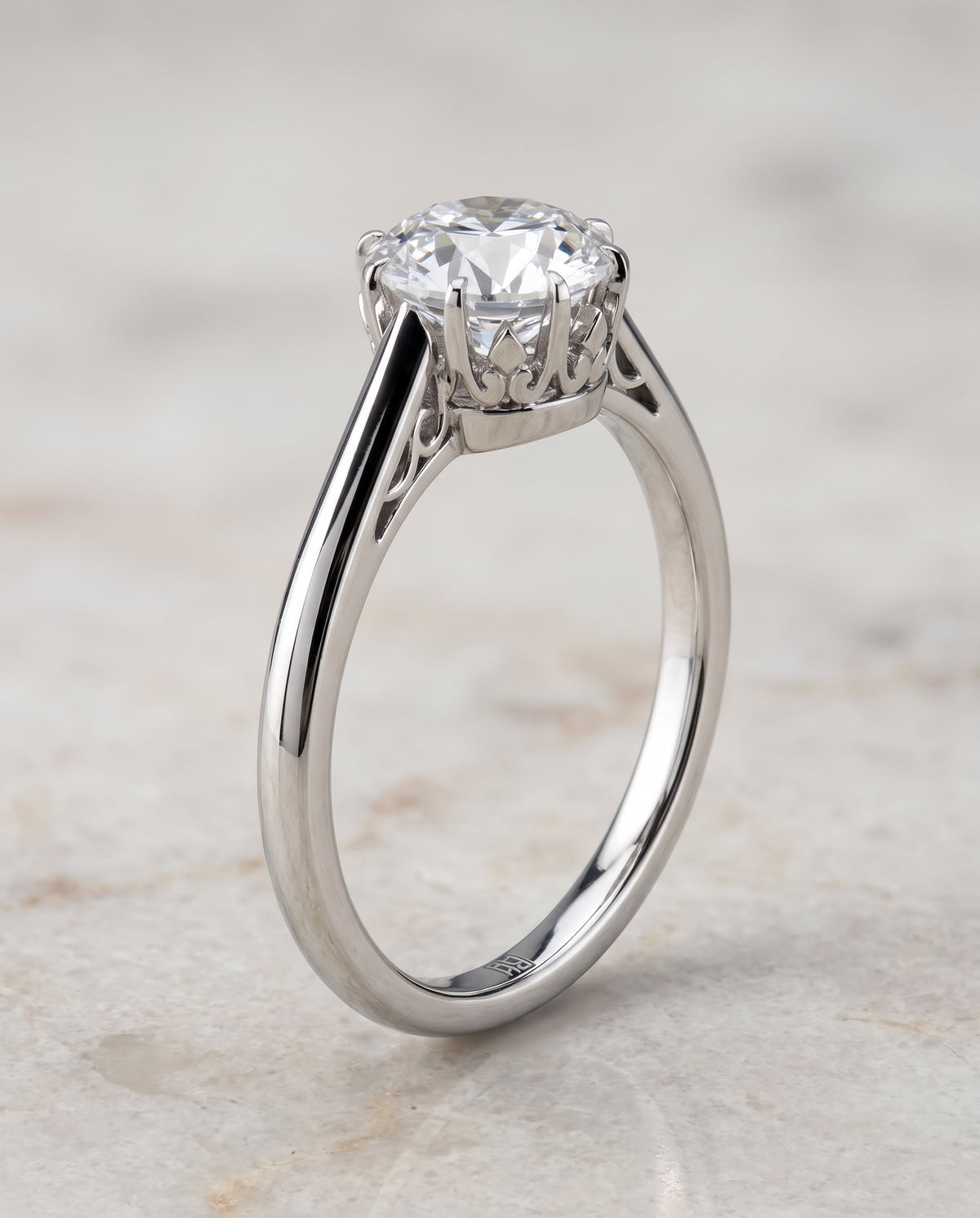 The Natalia Antique Scroll Gallery East West Solitaire Round Engagement Ring Setting in 18K White Gold
