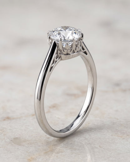 The Natalia Antique Scroll Gallery East West Solitaire Round Engagement Ring Setting in 18K White Gold
