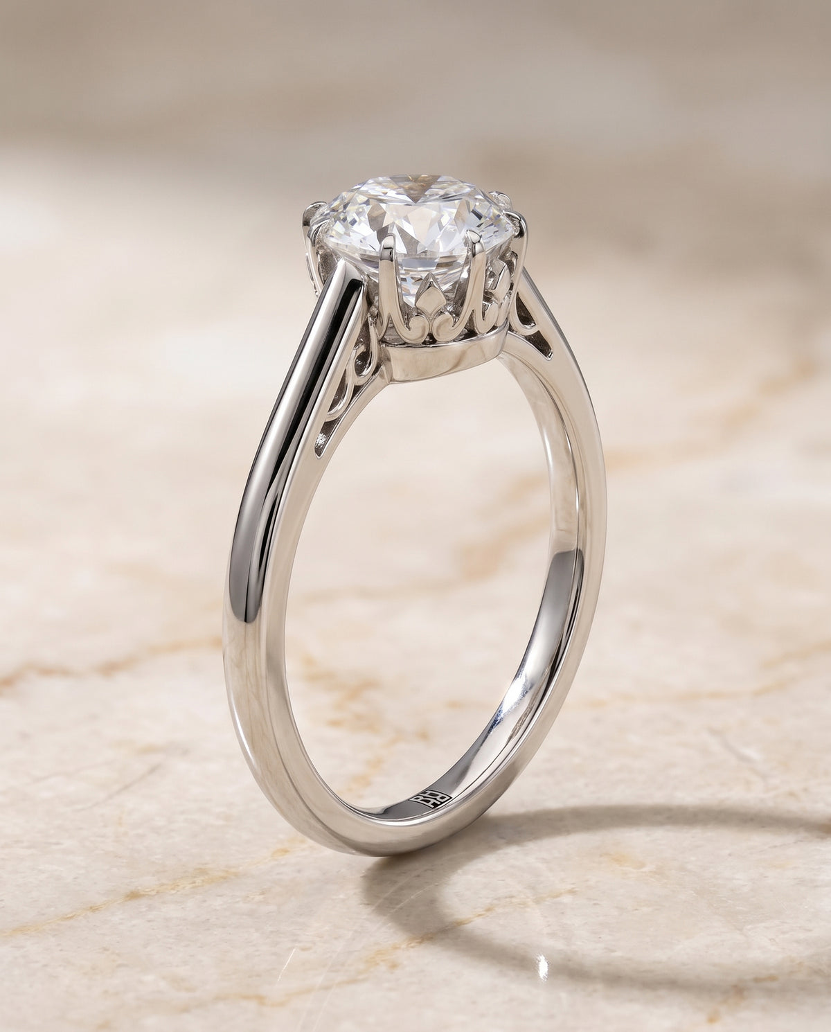 The Natalia Antique Scroll Gallery East West Solitaire Round Engagement Ring Setting in 18K White Gold