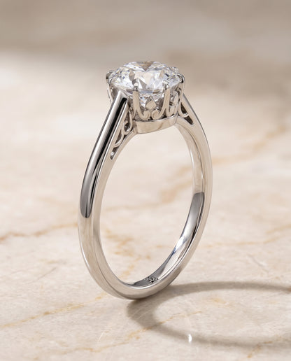 The Natalia Antique Scroll Gallery East West Solitaire Round Engagement Ring Setting in 18K White Gold