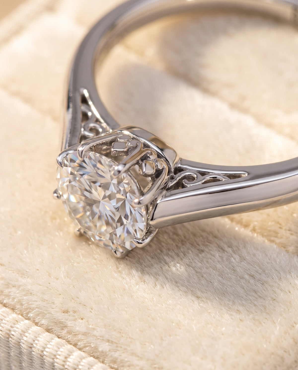 The Natalia Antique Scroll Gallery East West Solitaire Round Engagement Ring Setting in 18K White Gold