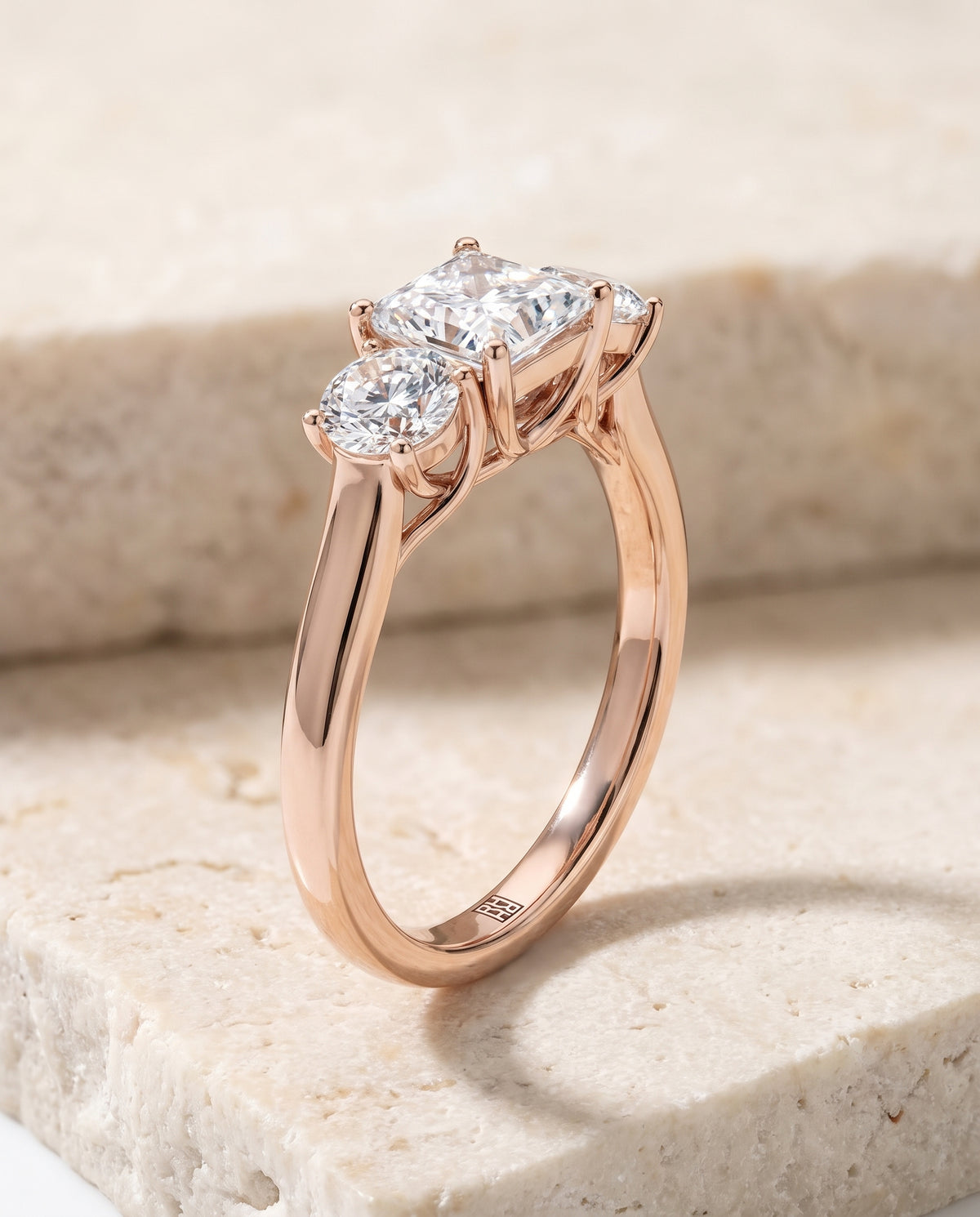The Natalie Classic Three Stone Princess Cut Engagement Ring Setting in 14K Rose Gold