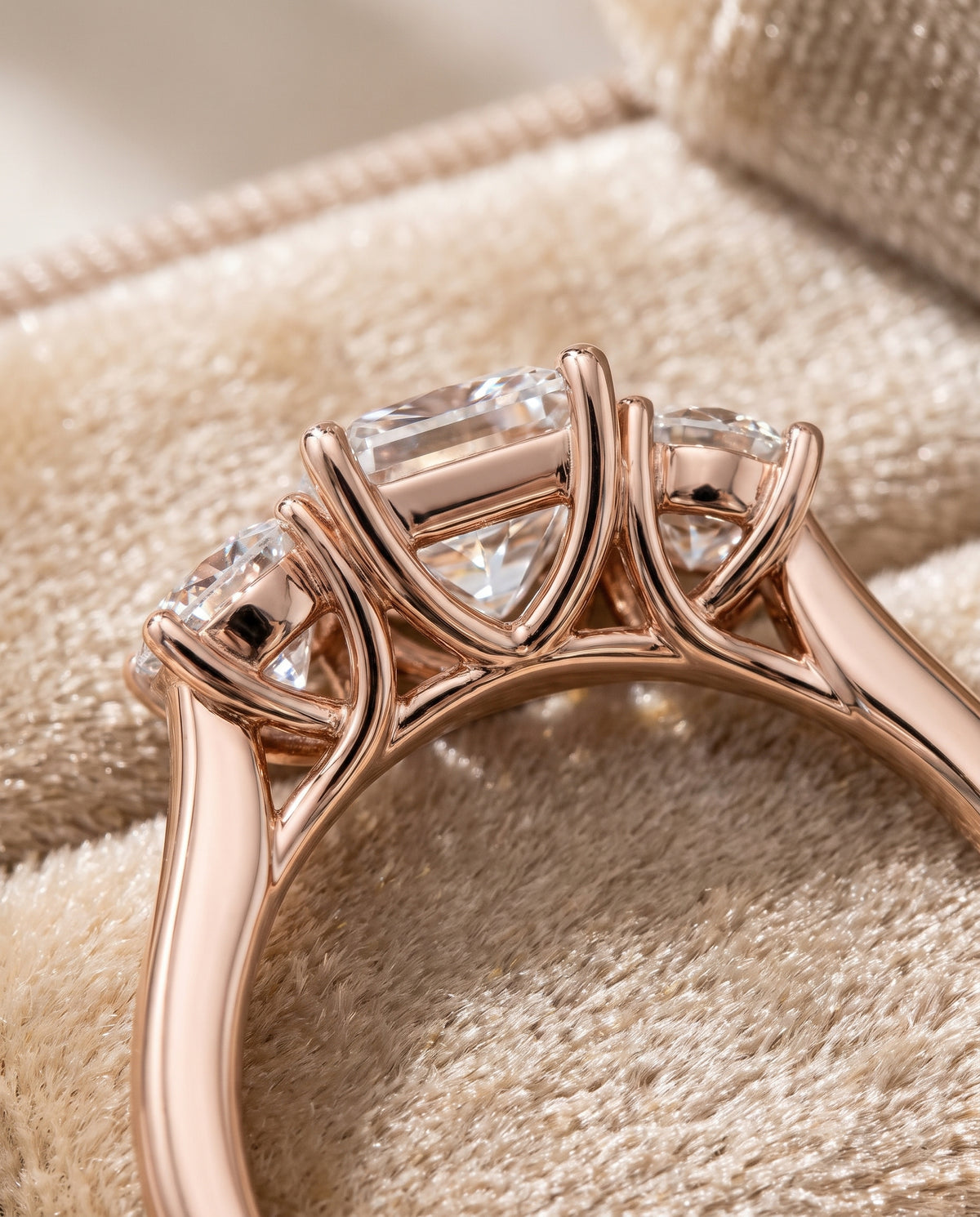 The Natalie Classic Three Stone Princess Cut Engagement Ring Setting in 14K Rose Gold