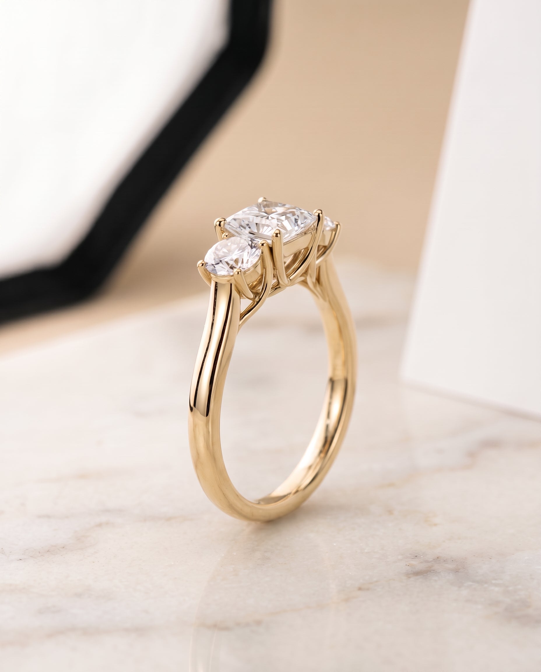 Classic Three Stone styling on The Natalie princess engagement ring setting | RockHer