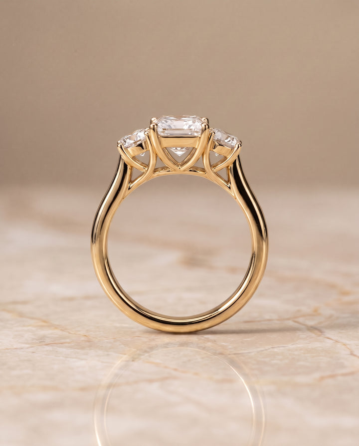 The Natalie Classic Three Stone Princess Cut Engagement Ring Setting in 18K Yellow Gold