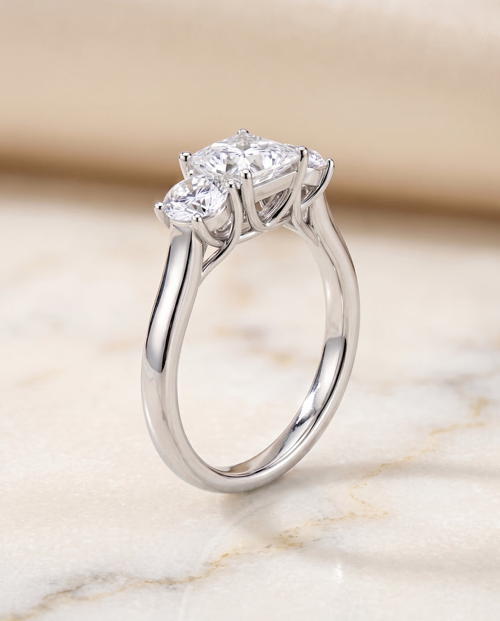 The Natalie Classic Three Stone Princess Cut Engagement Ring Setting in Platinum