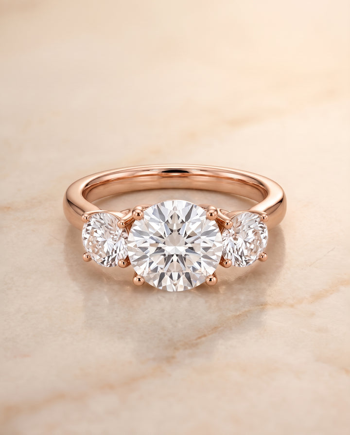 The Natalie Classic Three Stone Round Engagement Ring Setting in 14K Rose Gold