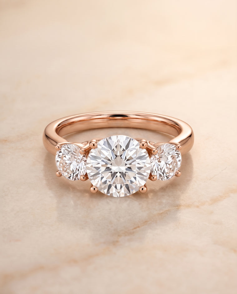 The Natalie Classic Three Stone Round Engagement Ring Setting in 14K Rose Gold