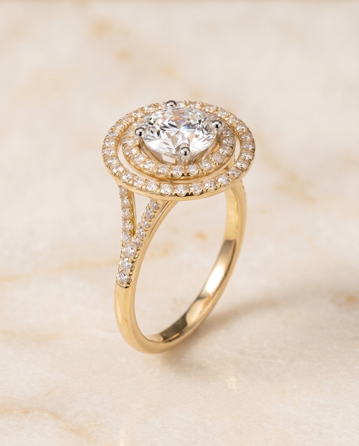 Round Brilliant, Double Halo Split Shank Pavé, in 18K Yellow Gold, pave setting – angled view | RockHer