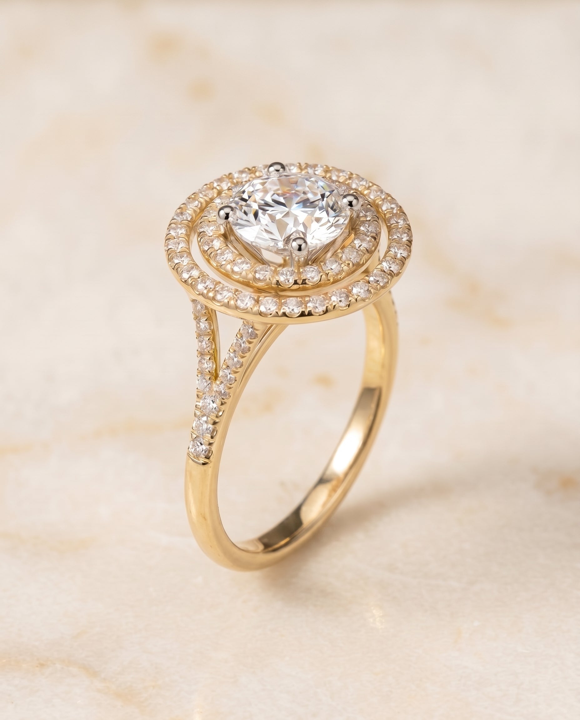 The Nedda double halo engagement ring setting, shown in 18K Yellow Gold | RockHer