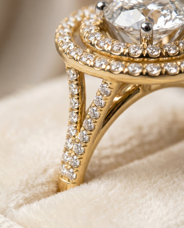 Round Brilliant, Double Halo Split Shank Pavé, in 18K Yellow Gold, pave setting – detail view | RockHer