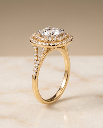 Round Brilliant, Double Halo Split Shank Pavé, in 18K Yellow Gold, pave setting – front view | RockHer