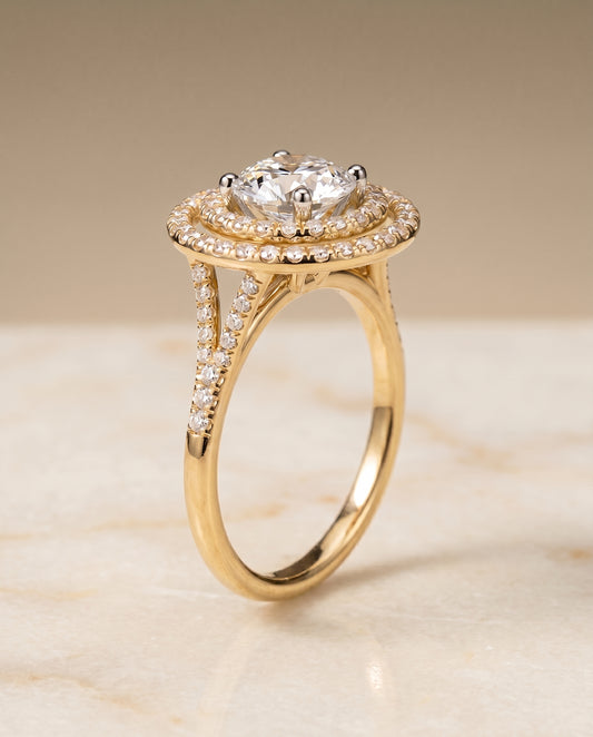 Round Brilliant, Double Halo Split Shank Pavé, in 18K Yellow Gold, pave setting – front view | RockHer