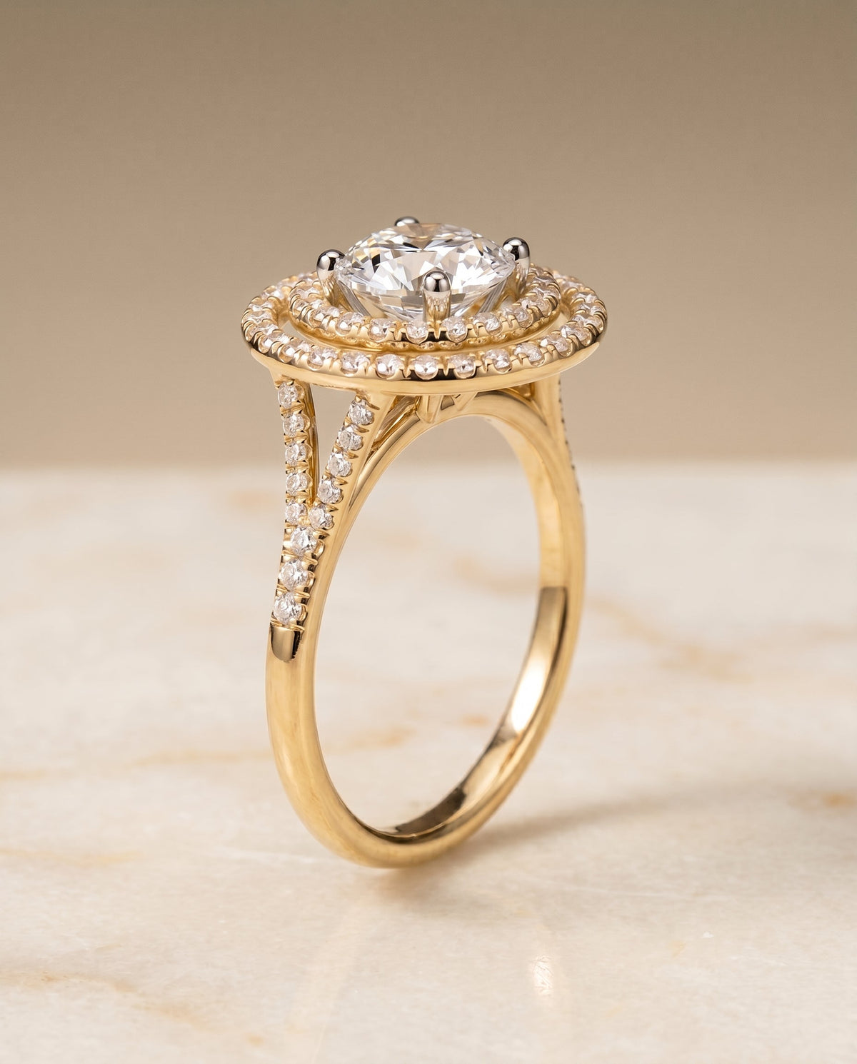 Nedda Select Double Halo Round Lab Diamond Engagement Ring in 18K Yellow Gold, front view | RockHer