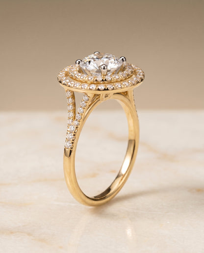 Nedda Select Double Halo Round Lab Diamond Engagement Ring in 18K Yellow Gold, front view | RockHer