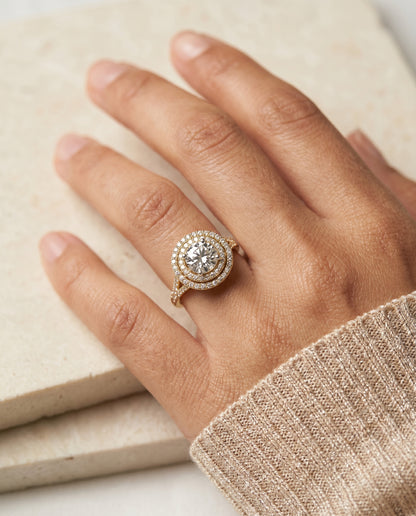 Round Brilliant, Double Halo Split Shank Pavé, in 18K Yellow Gold, pave setting – lifestyle shot | RockHer