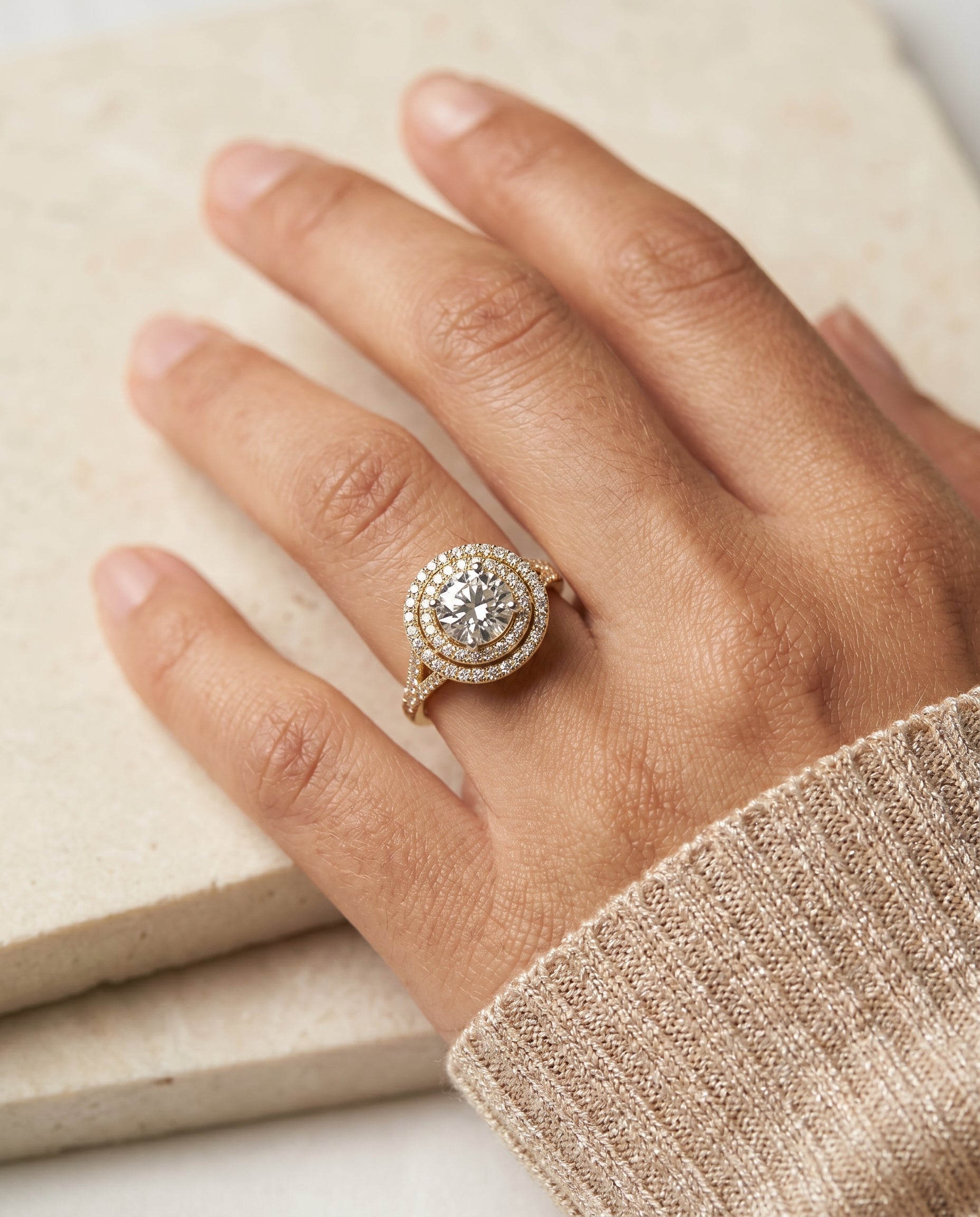 Nedda Select Double Halo Round Lab Diamond Engagement Ring in 18K Yellow Gold, shown on hand, angled | RockHer