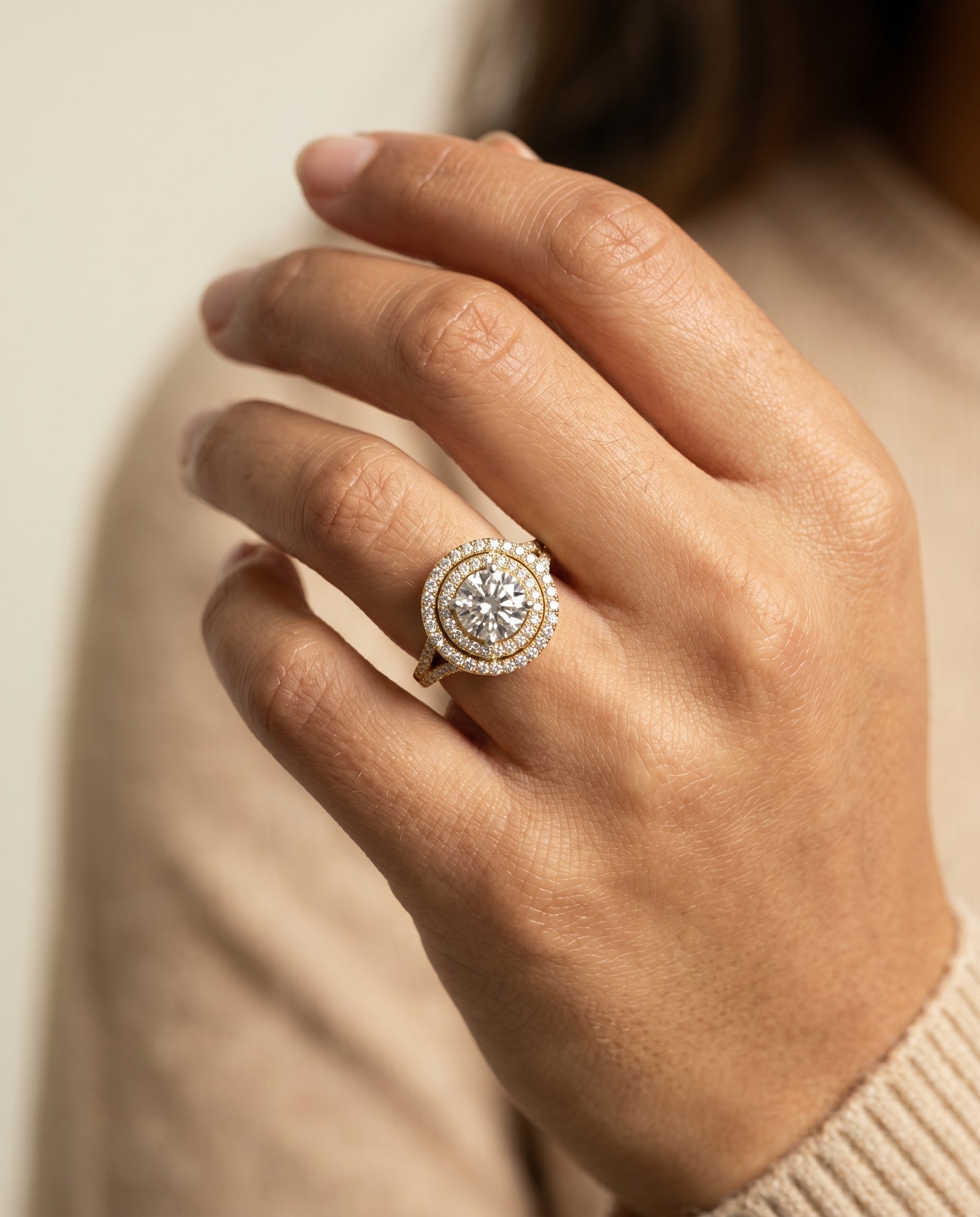 Nedda Select Double Halo Round Lab Diamond Engagement Ring in 18K Yellow Gold, shown on hand | RockHer