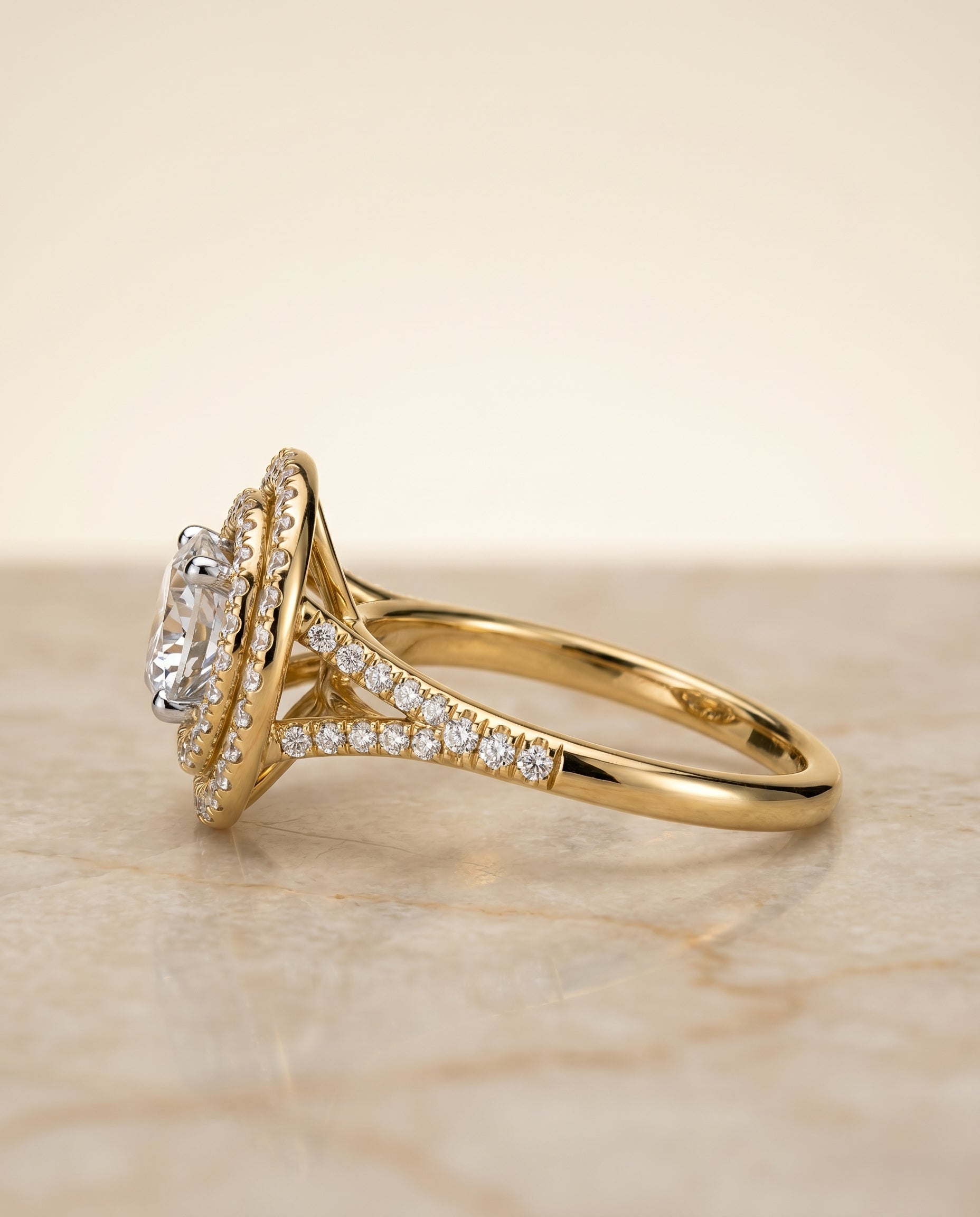 Double Halo styling on The Nedda round engagement ring setting | RockHer