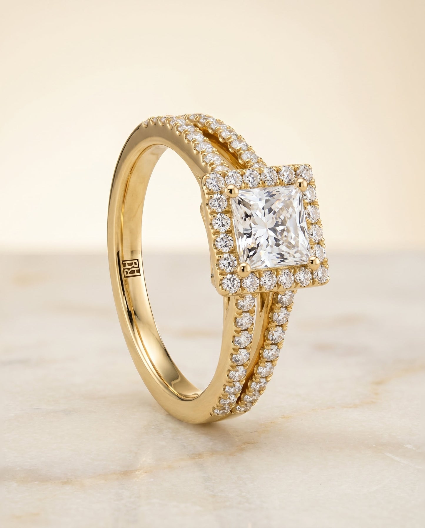 Nicki Select Split Shank Pave Halo Princess Cut in 14K Yellow Gold – view 2