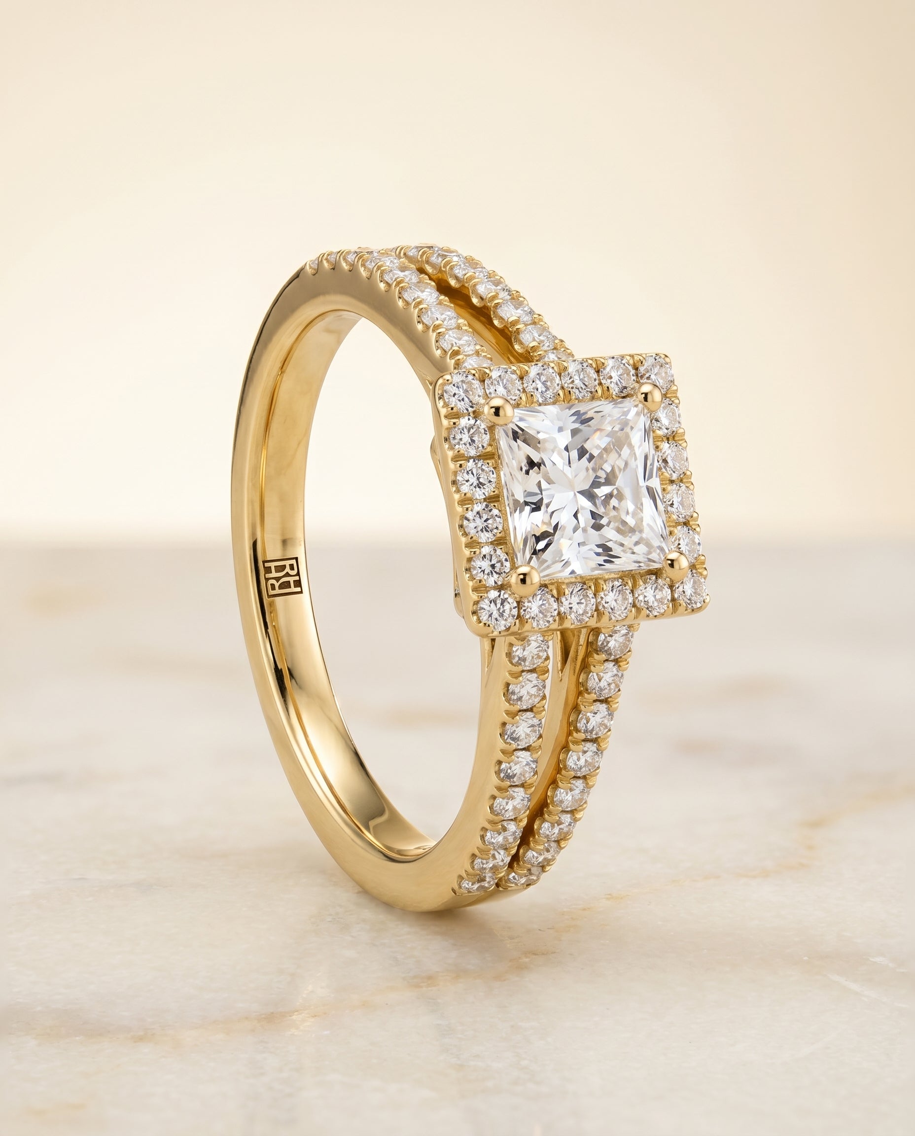 Nicki Select Split Shank Pavé Halo Princess Cut Lab Diamond Engagement Ring in 18K Yellow Gold, alternate angle | RockHer