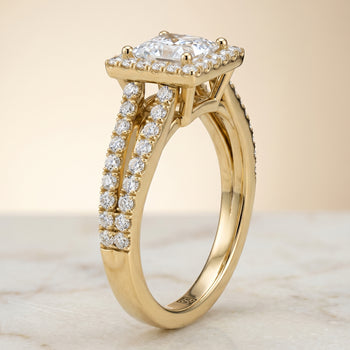 The Nicki Split Shank Pavé Halo Princess Cut Engagement Ring Setting in 18K Yellow Gold
