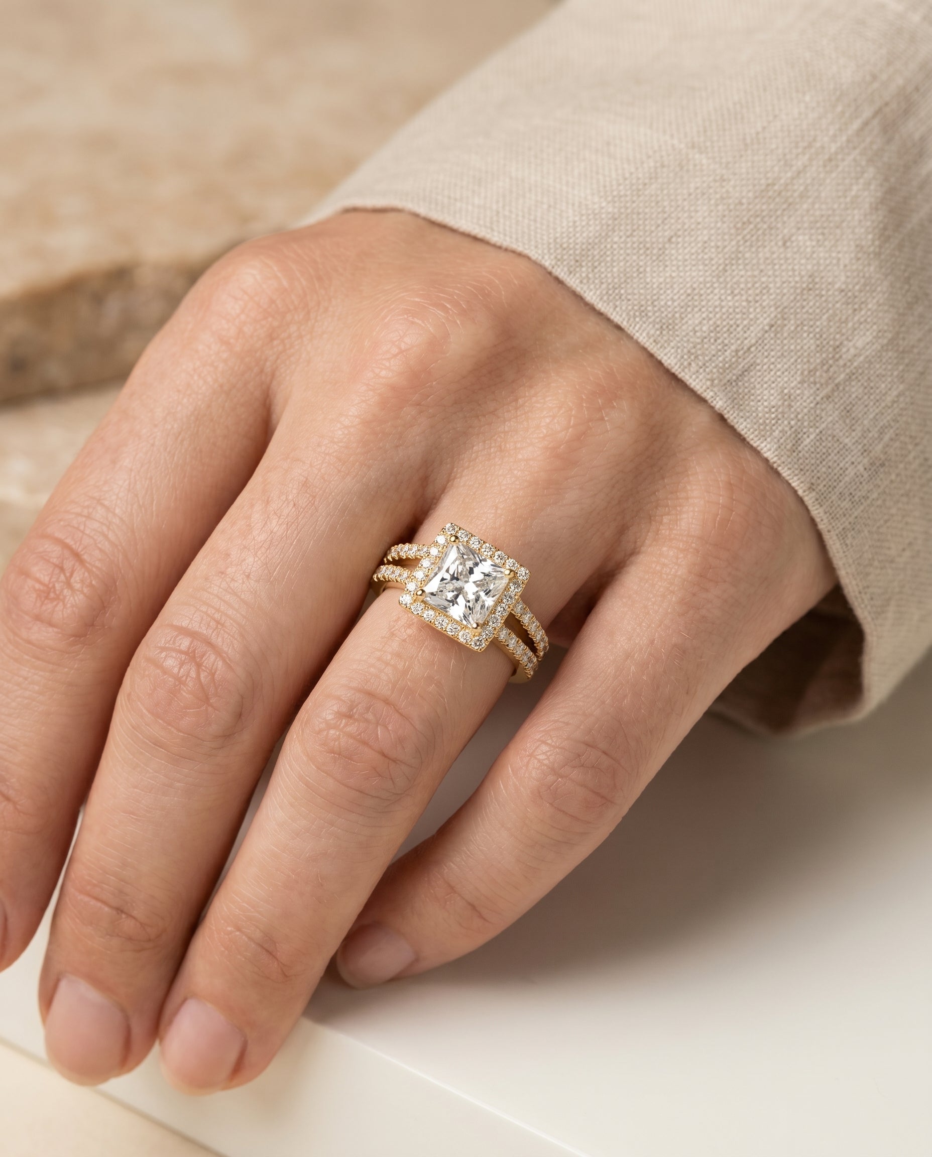 The Nicki engagement ring setting in 18K Yellow Gold, split shank pavé halo design | RockHer