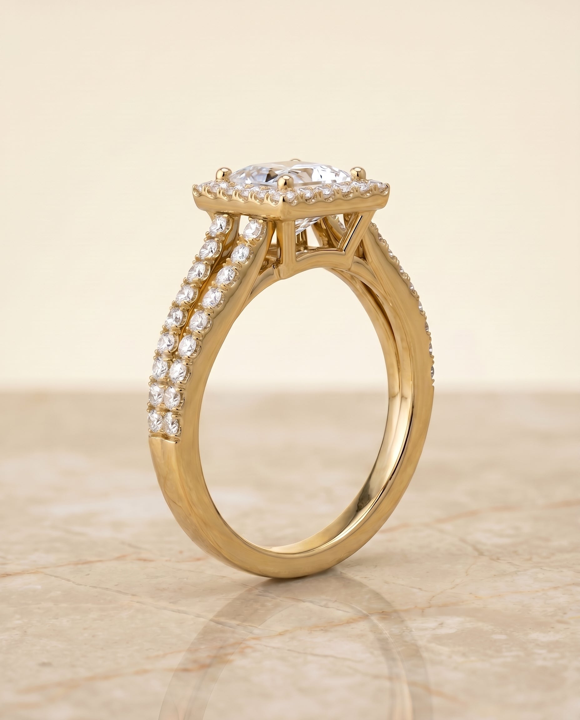 Nicki Select Split Shank Pavé Halo Princess Cut Lab Diamond Engagement Ring in 18K Yellow Gold, side view | RockHer