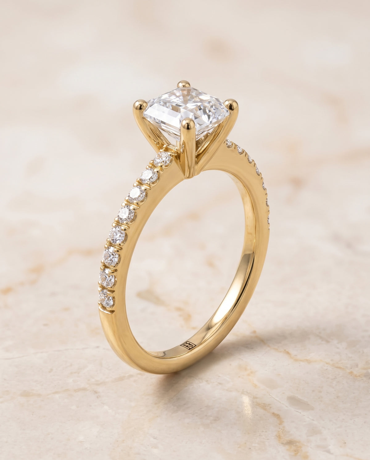 The Norah Classic Linear French Pavé Asscher Cut Engagement Ring Setting in 18K Yellow Gold