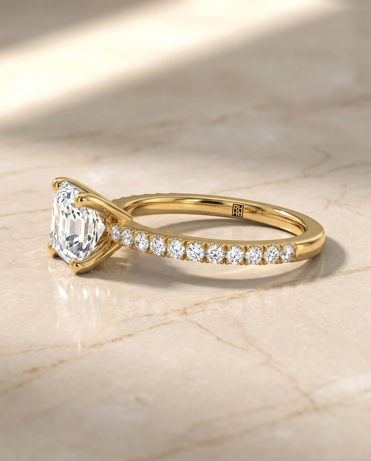 The Norah Classic Linear French Pavé Asscher Cut Engagement Ring Setting in 18K Yellow Gold