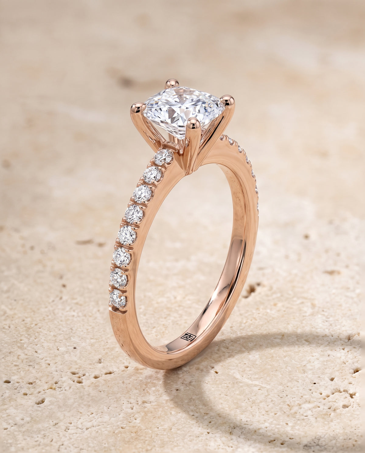 The Norah Classic Linear French Pavé Cushion Cut Engagement Ring Setting in 14K Rose Gold