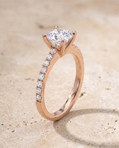 The Norah Classic Linear French Pavé Cushion Cut Engagement Ring Setting in 14K Rose Gold