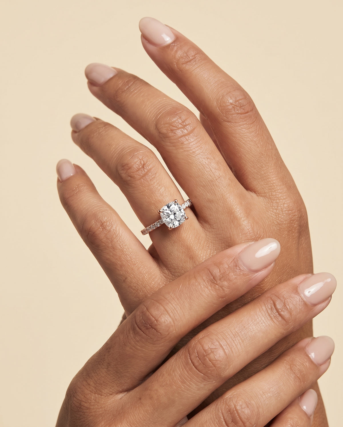 The Norah Classic Linear French Pavé Cushion Cut Engagement Ring Setting in 14K Rose Gold