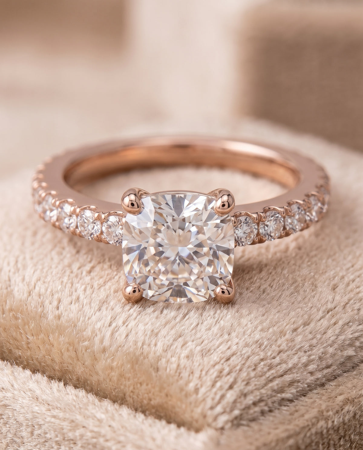 The Norah Classic Linear French Pavé Cushion Cut Engagement Ring Setting in 14K Rose Gold