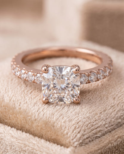 The Norah Classic Linear French Pavé Cushion Cut Engagement Ring Setting in 14K Rose Gold