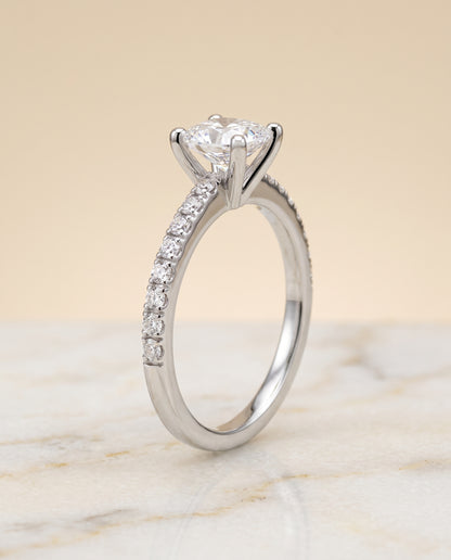 The Norah Classic Linear French Pavé Cushion Cut Engagement Ring Setting in 18K White Gold