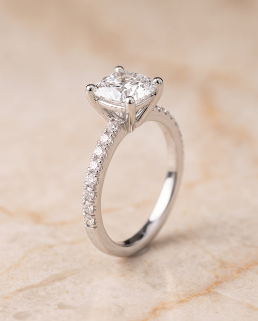 The Norah Classic Linear French Pavé Cushion Cut Engagement Ring Setting in Platinum