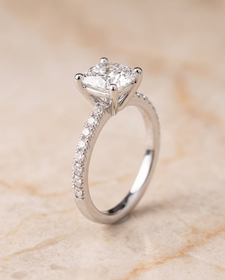 The Norah Classic Linear French Pavé Cushion Cut Engagement Ring Setting in 18K White Gold