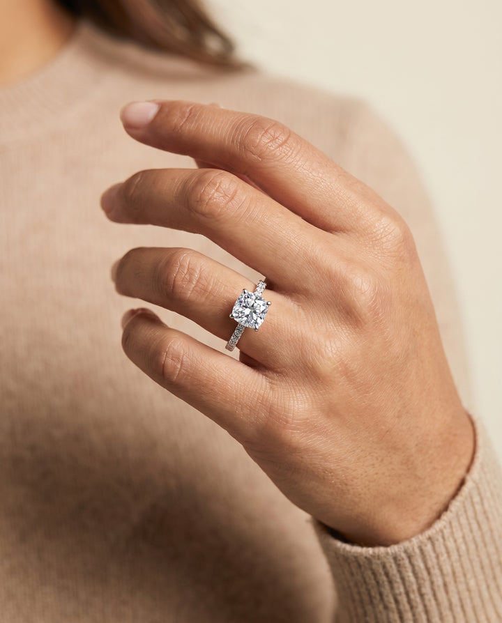 The Norah Classic Linear French Pavé Cushion Cut Engagement Ring Setting in 18K White Gold